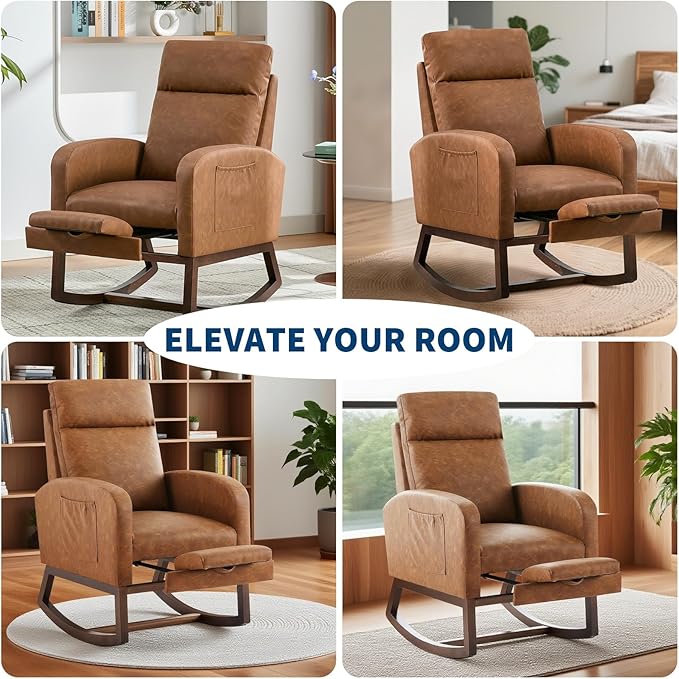 GarveeHome Rocking Chair Nursery with Foot Rest, Modern PU Upholstered Reading Glider Rocker Accent Armchair with High Backrest, Padded Seat, Side Pocket, for LivingRoom, Bedroom, Baby Room, Brown