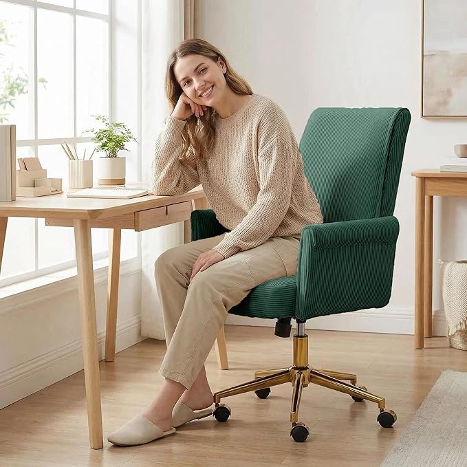 Stripes Velvet Home Office Desk Chair, Accent Upholstered Modern Height Adjustable Swivel Chair with Wheels,Ergonomic Task Chair for Living Room,Bedroom,Vanity,Study,Office（Green）