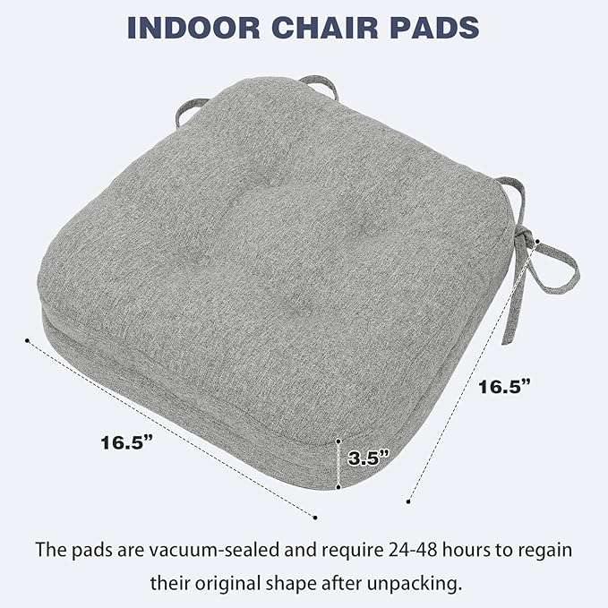 baibu Set of 2 Dining Chair Cushions, Dual-Layer Patent Design Memory Foam Kitchen Chair Cushions, Non-Slip Seat Pads with Ties, 16.5 x 16.5 x 3.5in, 2 Pack, Light Grey
