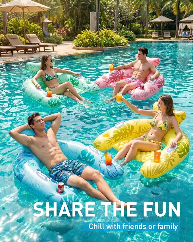 HLDIRECT Inflatable Pool Floats Adult, Floating Pool Chair with Cup Holders for Swimming Pool, Water Chair Pool Lounger with Handles & Ergonomic Headrest for Party Summer Water Fun