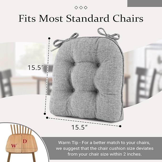 Wellsin Chair Cushions for Dining Chairs, Non-Slip Kitchen Chair Pads with Ties, Tufted Shredded Foam Kitchen Chair Cushions Set of 4, 15.5" X 15.5", Light Gray