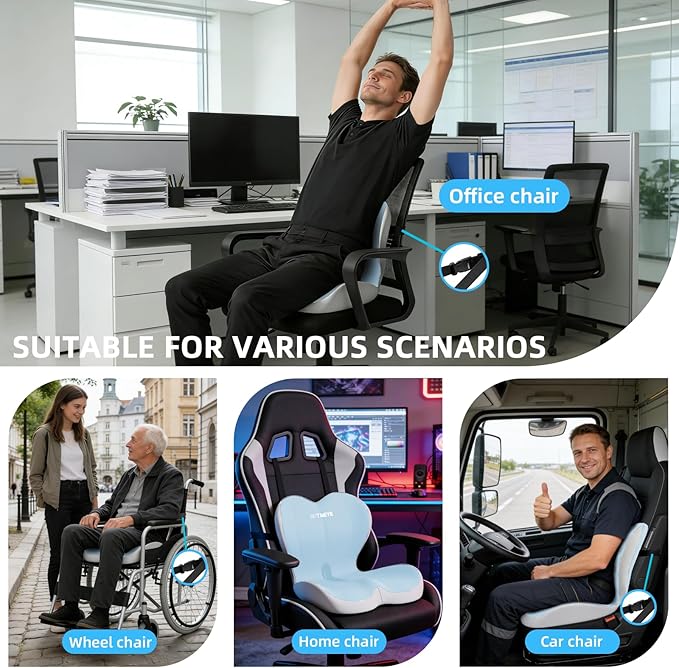 Orthopedic Memory Foam Seat Cushion with Adjustable Strap, Coccyx & Sciatica Pain Relief, Washable Non-Slip for Long Sitting, Ergonomic Posture Support for Office Chair, Car & Wheelchair (Blue Grey)