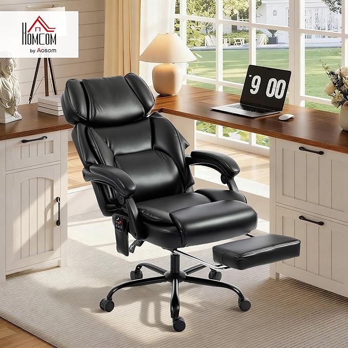 HOMCOM Massage Office Chair with Lumbar Heat, Ergonomic Executive Desk Chair with Adjustable Headrest, 6 Points Vibration, High Back, Reclining, Padded Armrests, Footrest, PU Leather, Black