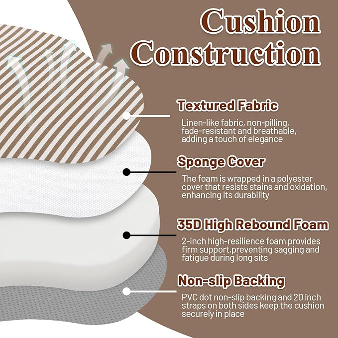 Brown Striped Winsor Chair Cushions with Ties, Dining Kitchen Chair Seat Pads Non Slip Removable Washable Cover 17"x16" Set of 2