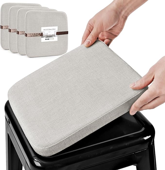BUYUE Friendly Woven Fabric Magnetic Bar Stool Cushions Set of 4, Enhanced Anti-Slip Breathable Small Chair Seat Pads for Café Bistro Stackable Metal Stools (Square, Light Grey, 4 Counts)
