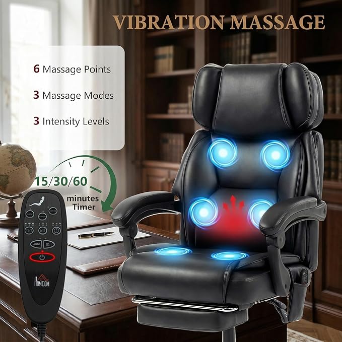 HOMCOM Massage Office Chair with Lumbar Heat, Ergonomic Executive Desk Chair with Adjustable Headrest, 6 Points Vibration, High Back, Reclining, Padded Armrests, Footrest, PU Leather, Black