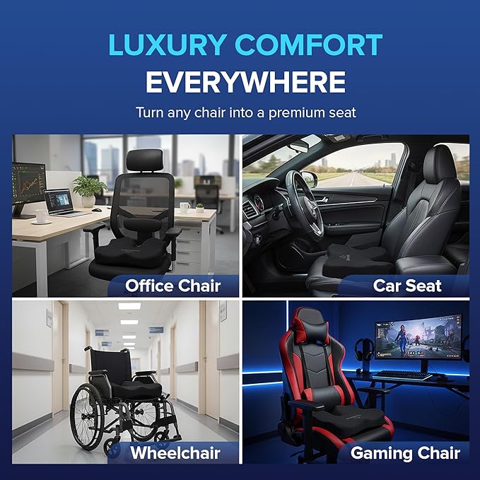 Seat Cushion for Chair, Memory Foam Seat Cushion for Tailbone Pain Relief- Ergonomic Support for Coccyx, Back & Butt- Office & Truck Ergonomic Chair Cushion, Black