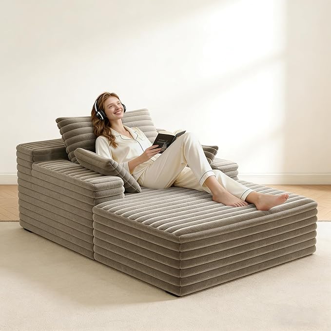 62.6" Oversized Chaise Lounge Chair Indoor,Corduroy Boneless Couch for Living Room,Memory Foam Filled Lounger Sleeper Couch with Pillows,Compress Sofa Bed,No Assembly Required,Camel | Indoor, Corduroy Boneless, Memory Foam Filled, With Pillows, No Asse...