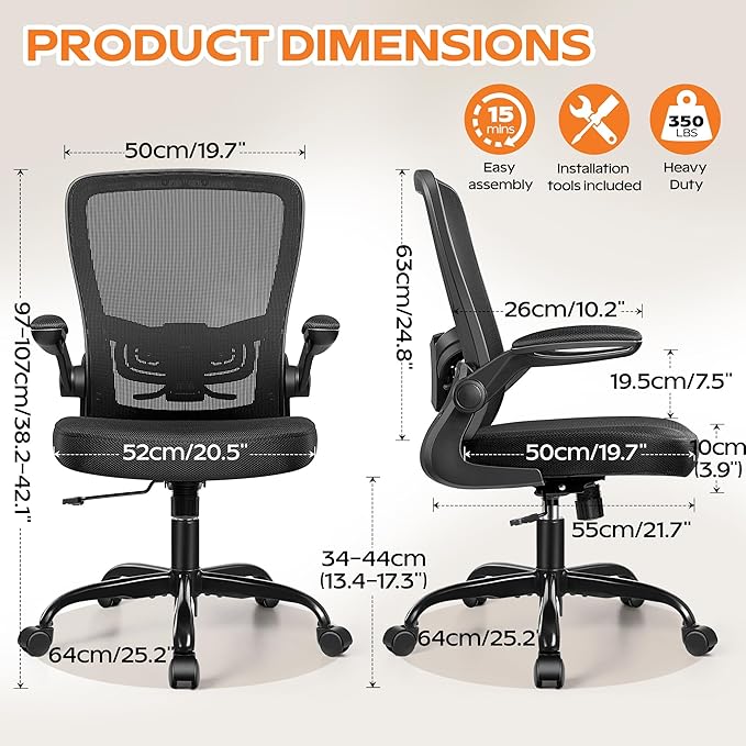 Ergonomic Office Chair 2026 - Mesh Desk Chair with Flip-up Armrests, Adjustable Height and Lumbar, 360° Swivel Comfortable Computer Chairs for Home, Conference Room, Reception, 350lbs, 8 Pack