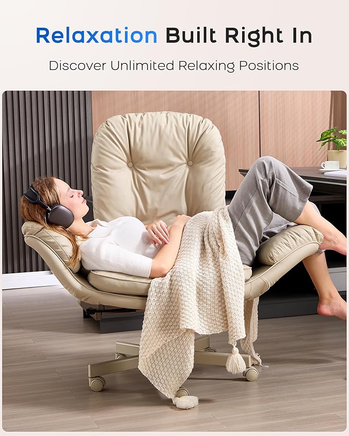 LukkDys Executive Office Chair, Big & Tall 400 lbs Capacity, Wide Seat, PU Leather, 5-Gear Lay-Flat Armrests (90°–180°) for Cross-Legged Comfort, 90–115° Recline, High Back Desk Chair, Beige