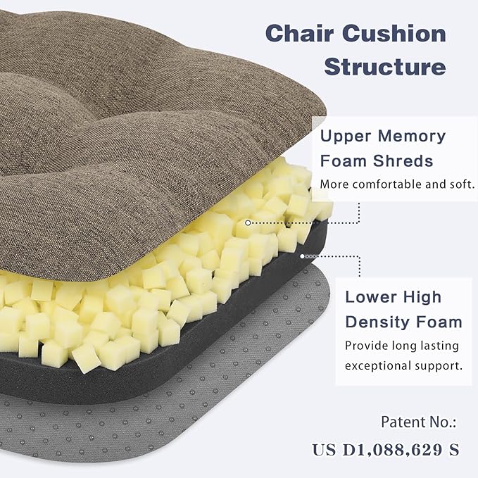 baibu Set of 6 Dining Chair Cushions, Dual-Layer Patent Design Memory Foam Kitchen Chair Cushions, Non-Slip Seat Pads with Ties, 16.5 x 16.5 x 3.5in, 6 Pack, Brown