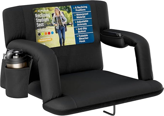 Alpcour Reclining Stadium Seat – Wide Bleacher Chair with Back Support and Cushion, Armrests, Side Pockets, and Bleachers Hook – Best Stadium Seats Chairs for Camping, Kayak, & Paddle Board Backs