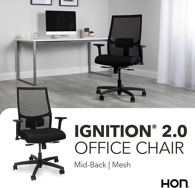 HON Ignition 2.0 Mid Back Task Chair, Standard Synchro-Tilt Control, Office Chair with Lumbar Support, Height and Width Adjustable Arms, Black Frame, Black