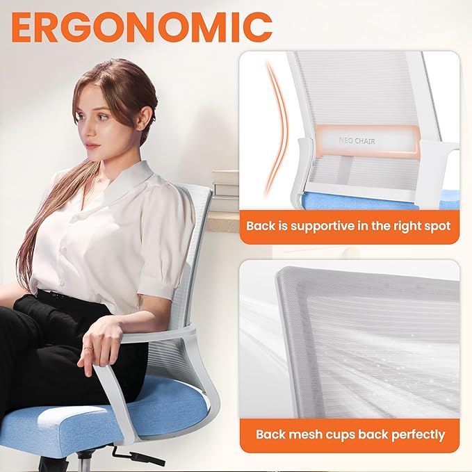 NEO CHAIR Office Chair Gaming Desk Computer Chair Ergonomic Mesh Mid Back with Wheels Lumbar Support Comfy Swivel Adjustable for Home (Sky Blue)