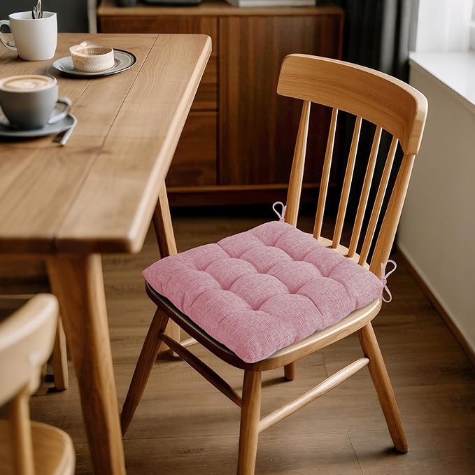 ELFJOY 4 Pack Chair Cushions for Dining Chairs Chair Pads Cushion for Kitchen Office Tufted Textured Square Seat Cushion with Ties (16" Light Pink)