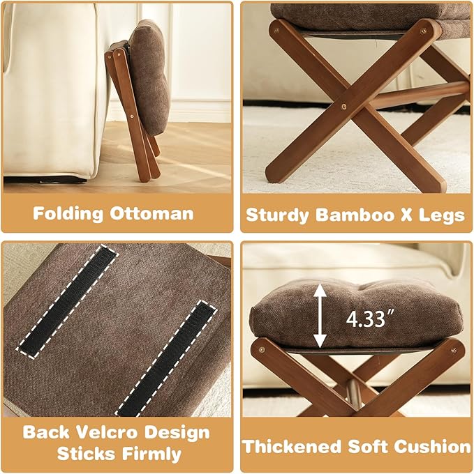 Baveke Ottoman Foot Rest- Bamboo Foldable Stool, Foot Stools Small Ottman with Upholstered & X Legs, Folding Stool for Makeup, Bedroom and Living Room (Small Brown)
