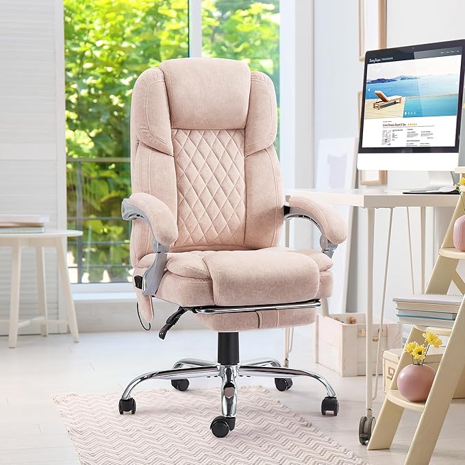 HOMREST 6-Point Massage Office Chair with Footrest, Heated Executive Office Chair with Reclining Backrest, Velvet Ergonomic Computer Desk Chair with Padded Armrest,Pink
