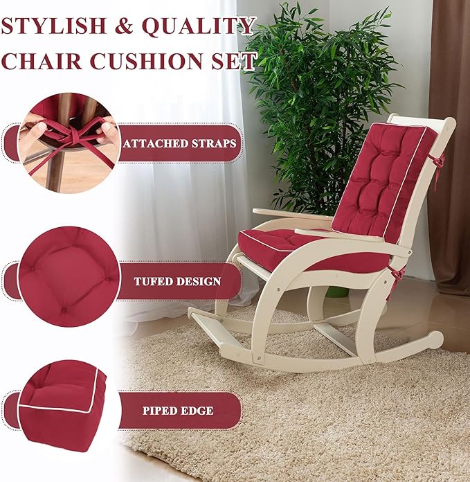 Topotdor Rocking Chair Cushions Indoor, Tufted Rocking Chair Seat Cushion for Patio Furniture, Water Resistant Rocking Chair Pads with Ties for Nursery Balcony Chair, Red