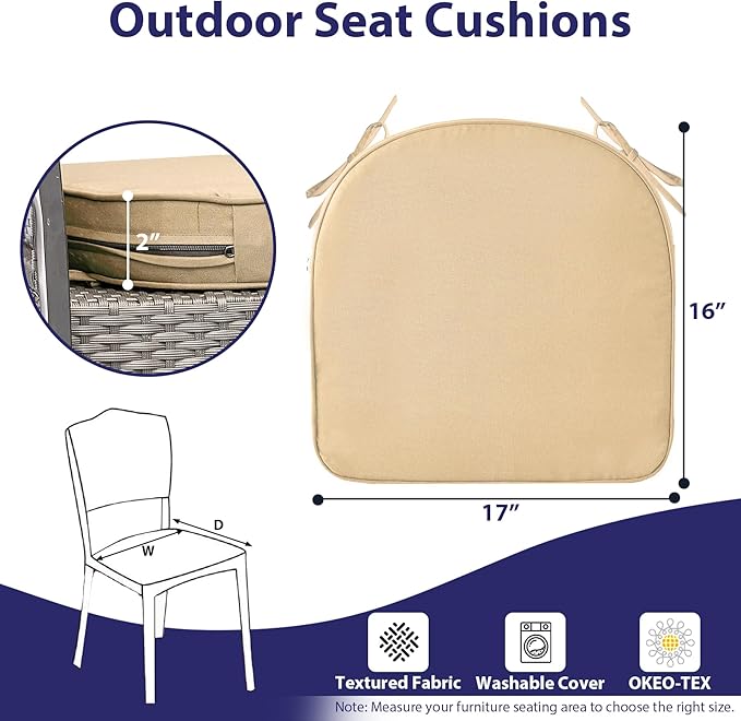 IPYNBAP Outdoor Chair Cushions Set of 4 -Waterproof Outdoor Seat Cushions for Patio Furniture, Patio Chair Cushion with Handle and Ties, Out Door Chair Pads,17x16x2-Round, Beige