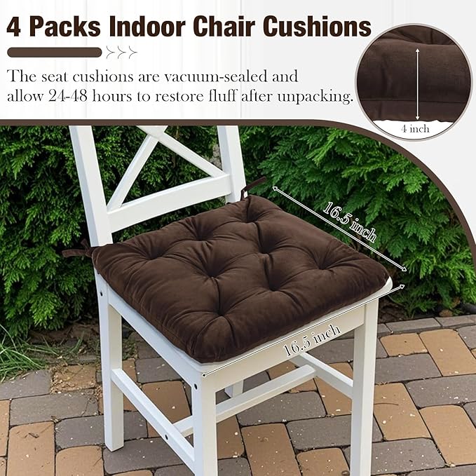 Nuanchu Memory Foam Chair Cushions Set of 4, Thick Indoor Seat Cushions for Dining Chairs Tufted Seat Pads for Kitchen, Dining Room, Office,(Dark Brown,16.5"x16.5"x4")