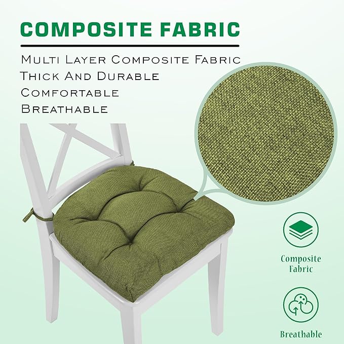 SQUARE MOON Chair Cushions for Dining Chairs, 3 Inch Thick Comfortable Kitchen Chair Pads, Dining Room Seat Cushions with Ties, Machine Washable, 17" x 16" x 3", 4/Pack, Olive Green