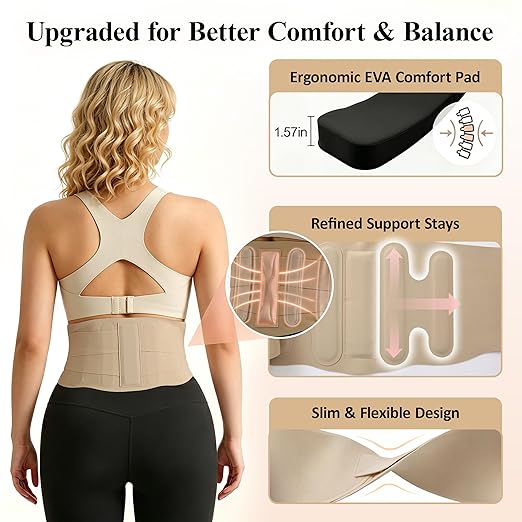 RANDY SUN Enhanced Back Brace with EVA Cushion Pad, Ultra Thin Lumbar Support Belt for Women & Men, Lightweight Breathable Light Taupe M(Waist:28"-31")