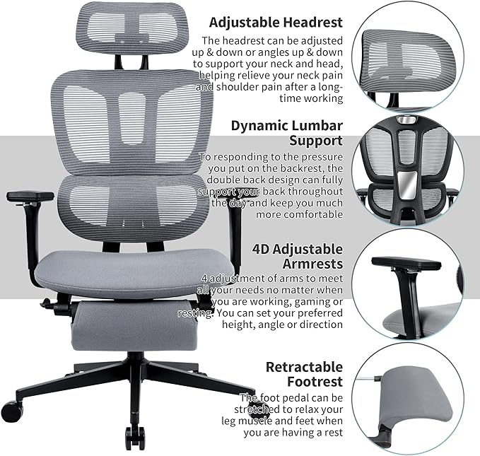 Ergonomic Office Chair with Footrest, 90-135° Reclining High Back Desk Chair with Lumbar Support, 2D Headrest, 4D Armrests, Computer Chair for Long Hours, Dark Grey