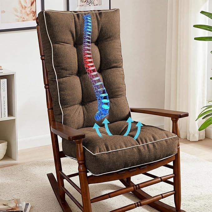 YZ HOME Rocking Chair Cushion, Set of Thicken Seat & Back Chair Cushions with Memory Foam, Non-Slip Chair Pad with Ties for Indoor&Outdoor Rocker, Dark Brown, 22x17x5/17x17x5