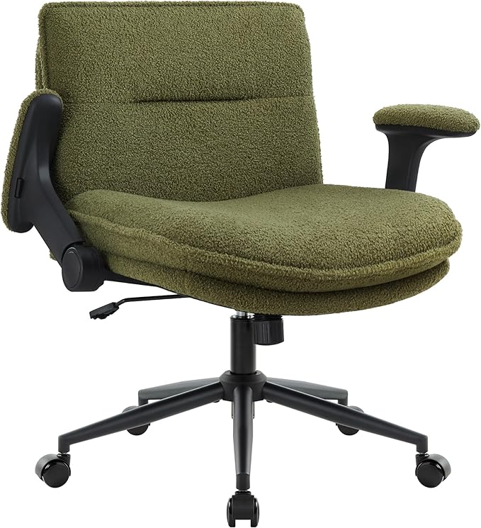 Criss Cross Legged Office Chair with Wheels and Flip-Up Arms, Ergonomic Wide Seat Desk Chair with Thick Padded, Height Adjustable Criss Cross Chairs for Home Office, Bedroom,Vanity,Green