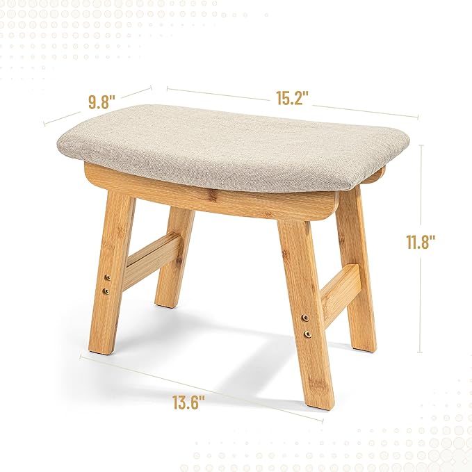 BAMBOO LAND- Bamboo Foot Stools Ottoman, Beige Cushion & Natural Wood Legs, Small Ottoman Foot Rest for Couch