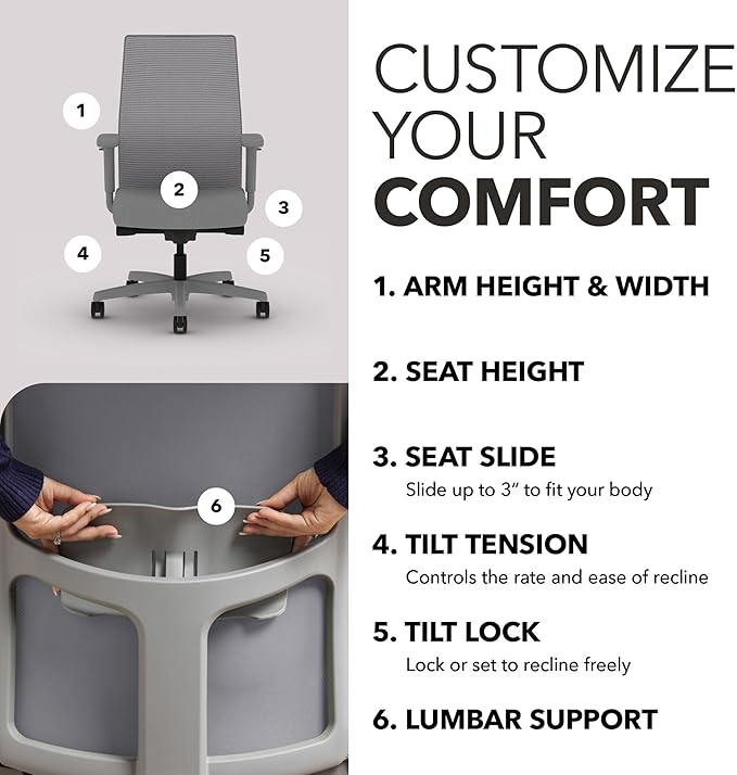 HON Ignition 2.0 Mid Back Task Chair, Advanced Synchro-Tilt Control, Office Chair with Lumbar Support, Height and Width Adjustable Arms, Titanium Frame, Frost