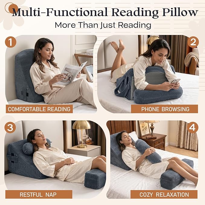 Reading Pillow/Backrest Pillow with Arms, Cup Holder & Phone Pocket - Bed Rest Pillow with Adjustable Headrest, Corduroy Fabric for Back Support in Bed/Sofa/Floor (Gray, 21 INCH)