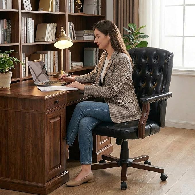 Executive Office Chair, Ergonomic Faux Leather Desk Chair with Wingback Design, Swivel Adjustable Home Office Chair for Computer Desk, Comfortable Task Chair for Home Office, Black
