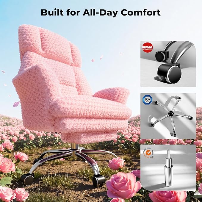 HOMRELEXA Big and Tall Office Chair, Flip Armrests for Pets & Cross Legged Sitting, Executive Ergonomic Computer Gaming Chair with Foot Rest, Rose Velvet Pink Wide Seat Reclining Desk Chair