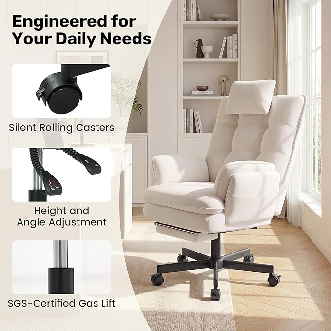 Criss Cross Office Chair with Flip-Up Armrests and Headrest, 135° Reclining Swivel Velvet Criss Cross Chair with Wheels & Foot Rest, Big and Tall Cloud Cross Legged Office Chair for Home, Cream