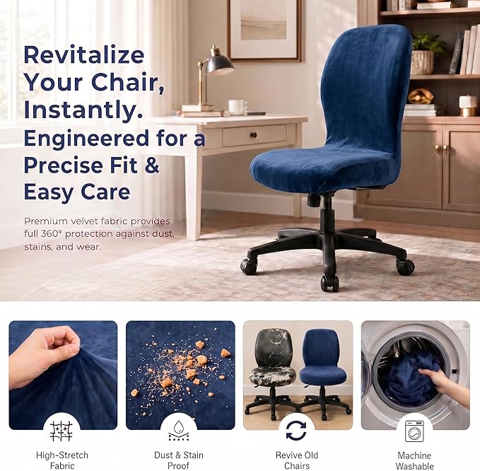 Deisy Dee Velvet Stretch Armless Office Chair Covers - Colorful Stretch Slipcover for Desk Chairs (Navy)