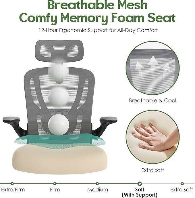 Office Chair Ergonomic Desk Chair - Mesh High Back Office Chair with Headrests Wheels Lumbar Support Home Desk Office Chairs Flip up Armrest Executive Rolling Computer Chair Black Gray 8 Pack