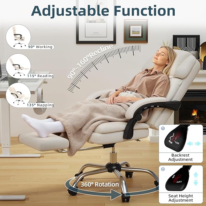 HOMREST 6-Point Massage Office Chair with Heat, Ergonomic Reclining Desk Chair with Footrest, Soft Chenille Fabric Executive Chairs for Home Office, Comfortable Computer Chair Gift for Women, Beige
