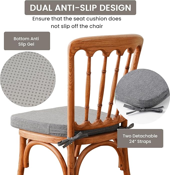 Battilo Chair Cushions for Dining Chairs with Ties, Waterproof Kitchen Chair Pad with Non-Slip Backing, Seat Cushions with Machine Washable Removable Cover, 16"x16"x2", Set of 2, Dark Grey