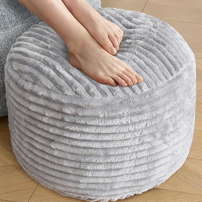 SHOUREN Stuffed Round Ottoman,Corduroy Pouf Ottoman Foot Rest with Foam Filling,Pouf Storage Ottoman Footstool for Living Room,20 X 15 Floor Poufs for Couch - 20 X 15 Inches,Light Grey