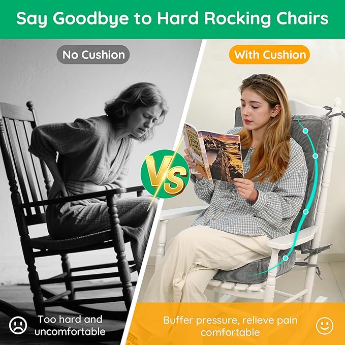 Rocking Chair Cushion - Non-Slip Thick Rocking Chair Pad Indoor with Ties High-Back Rocker Cushion Set for Porches Balconies Nurseries & Living Rooms