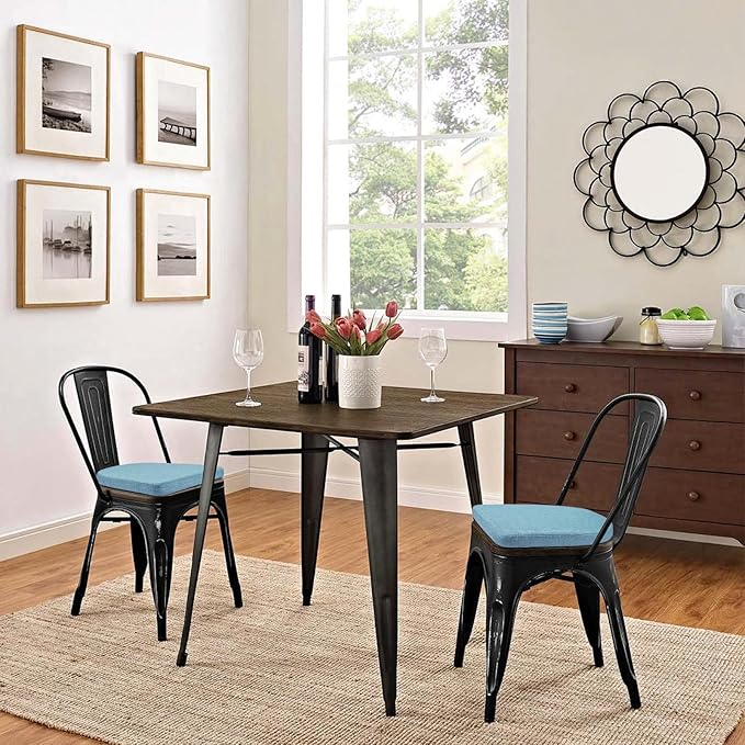 BUYUE Friendly Woven Fabric 14x14 Magnetic Cushion for Metal Chair 1 Piece, Enhanced Anti-Slip Seat Pad for Dining Kitchen Café Stackable Chair (U-Shape, Light Blue, 1 Count)