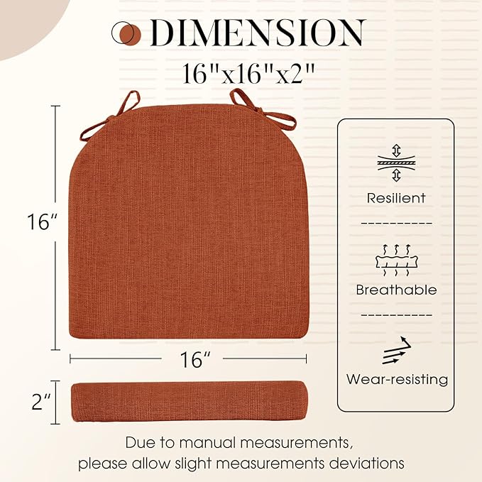 Basic Beyond Memory Foam Dining Chair Cushions, 6 Pack, 16 x 16 inches, Rust with Slip-Resistant Backing and Ties
