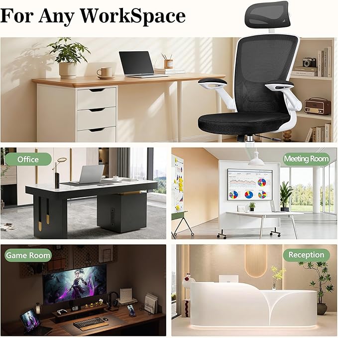 BESTFAIR Office Chair Ergonomic Desk Chair, Breathable Mesh Office Chairs with Adjustable Lumbar Support, Flip-Up Arms, Computer Desk Chair Comfy for Home Office, White