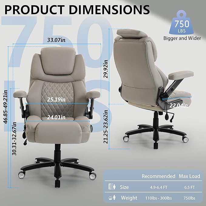 Big and Tall Office Chair 750lbs, Executive Office Chair with Adjustable Headrest&Lumbar Airbag Support, PU Leather High Back Heavy Duty Desk Chair 5D Flip Arms, Ergonomic Thick Spring Cushion, Beige