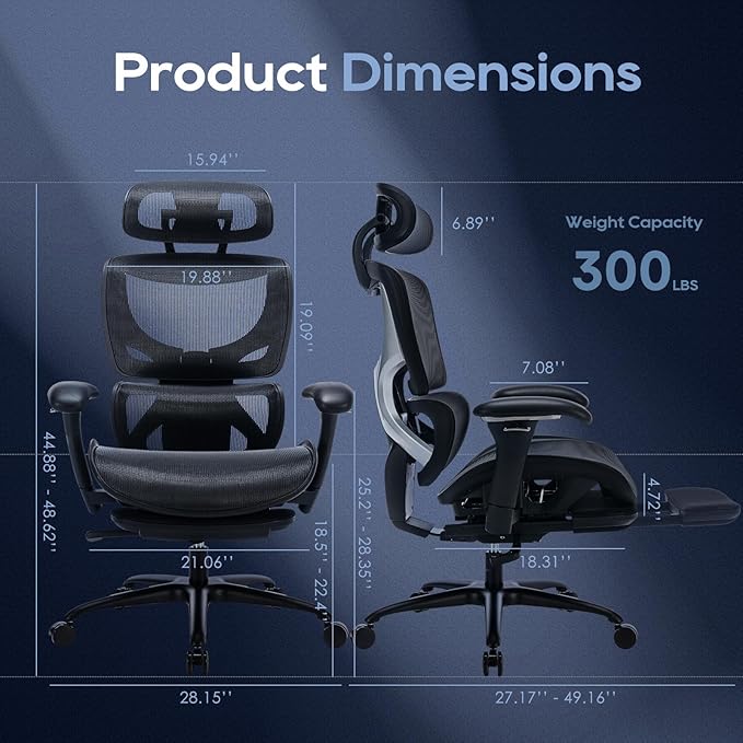 COLAMY Ergonomic Mesh Office Chair with Footrest, Executive High Back Computer Desk Chair with Wide Headrest and Adjustable 3D Arms, Backrest Height, Tilt Lock and Lumbar Support, Black