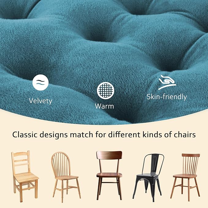 ELFJOY 4 Pack Chair Cushions for Dining Chairs Chair Pads Cushion for Kitchen Office Tufted Square Seat Cushion with Ties (16" Blue Velvet)