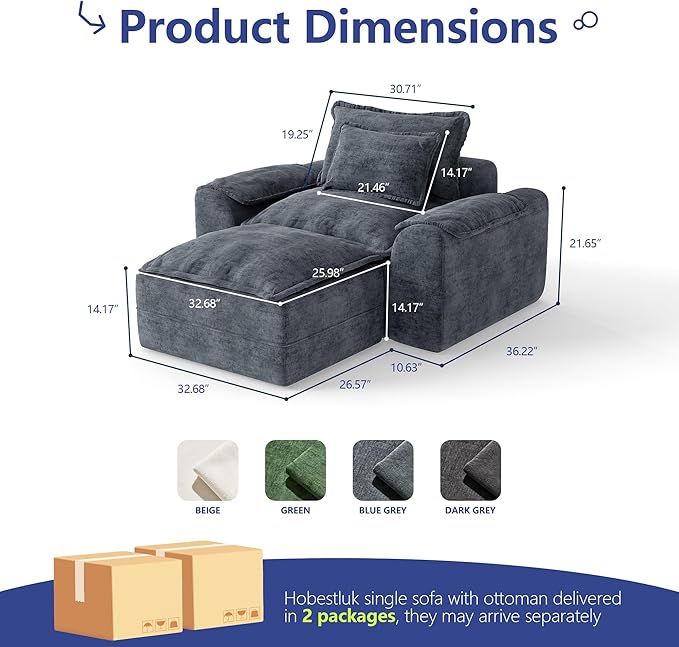 Hobestluk Cloud Single Sofa with Ottoman Memory Foam Couch with Deep Seat L Shaped Sofa with Removable Cover Large Couch for Living Room (Blue Grey, Single Sofa with One Ottoman)