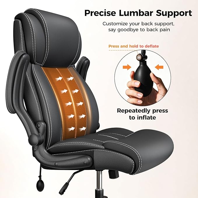 Ergonomic Office Chair, High Back Computer Desk Chair, Executive Leather Chair with Adjustable Lumbar Support & Flip Up Arms, Swivel PC Chair for Home Office Gaming