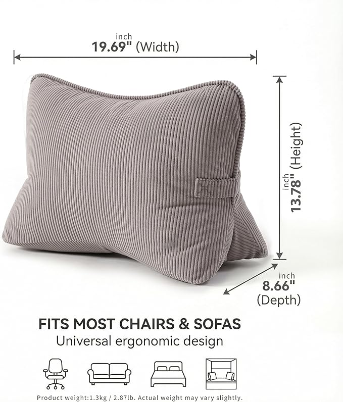 Pat. Pend. Corduroy Back Pillow for Sitting, Lumbar Support Cushion for Sofa, Office Chair & Bed Sitting, Reading & Watching TV, Ergonomic Triangle Backrest Pillow, Light Gray